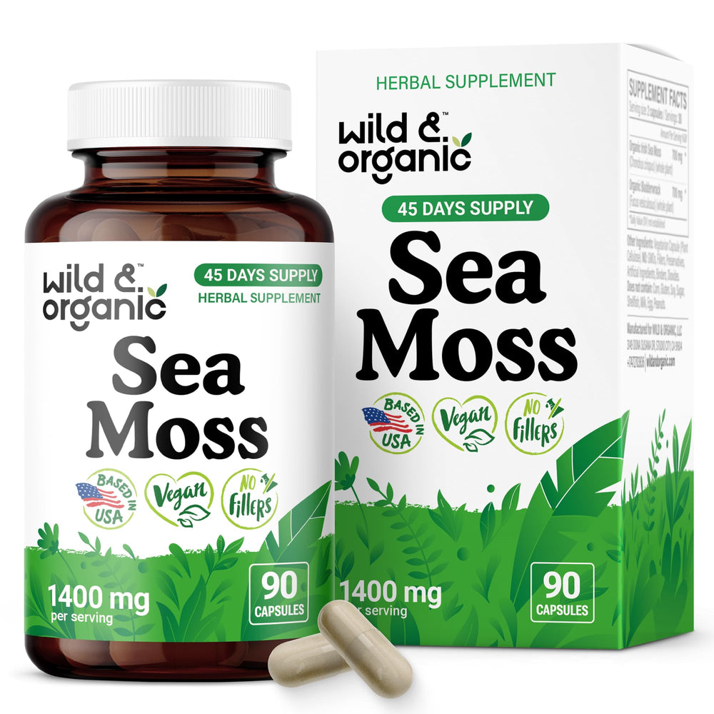 Wild & Organic Sea Moss Capsules bottle front for daily wellness support.