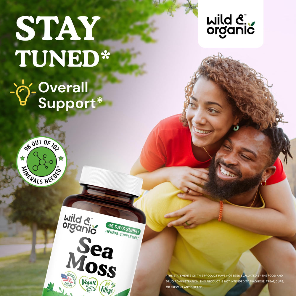 Wild & Organic Sea Moss Capsules bottle side view for portable daily use.