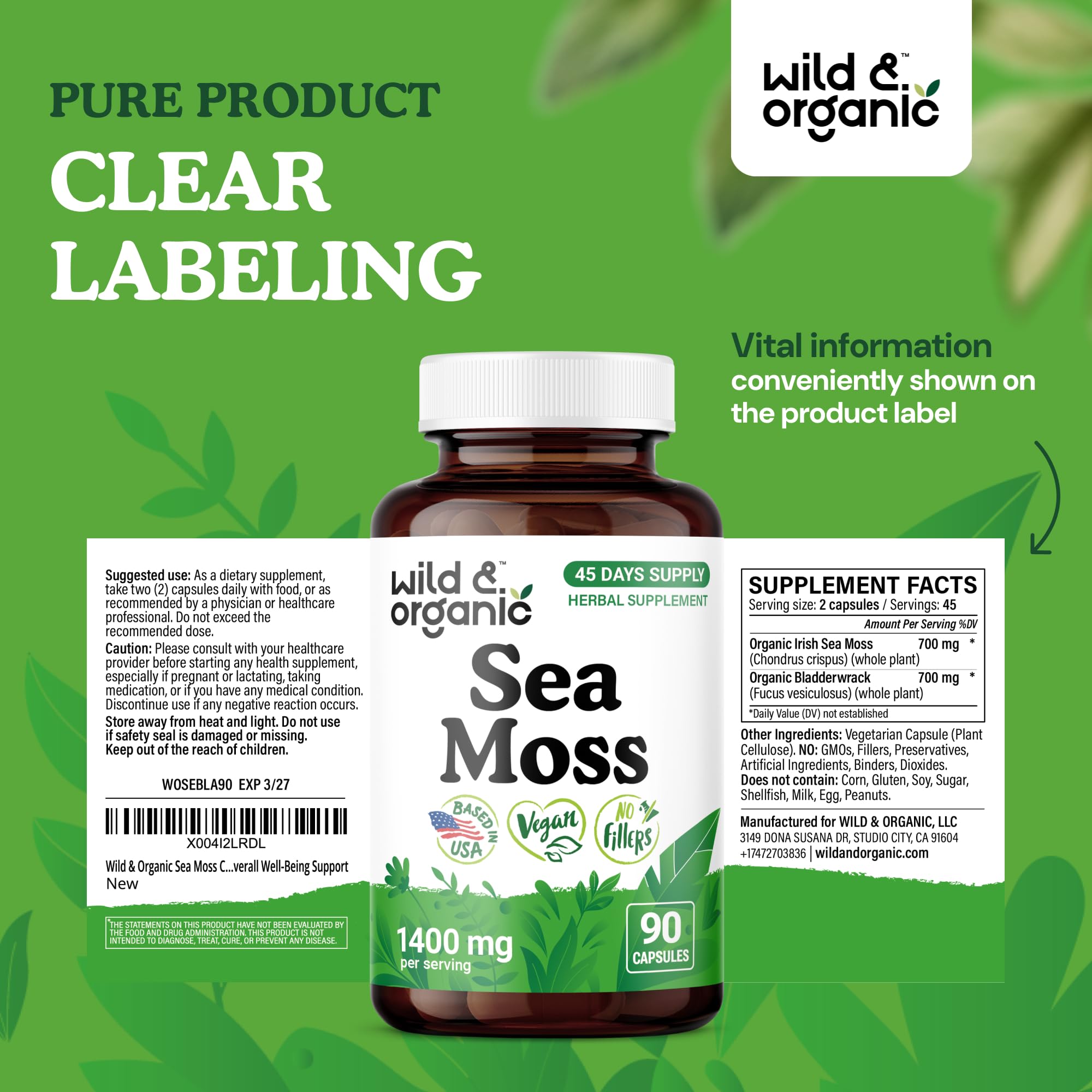 Wild & Organic Sea Moss Capsules bottle with label highlighting 90-count supply.