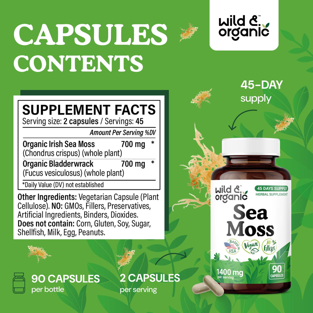 Wild & Organic Sea Moss Capsules label close-up showing vegan, filler-free formula.