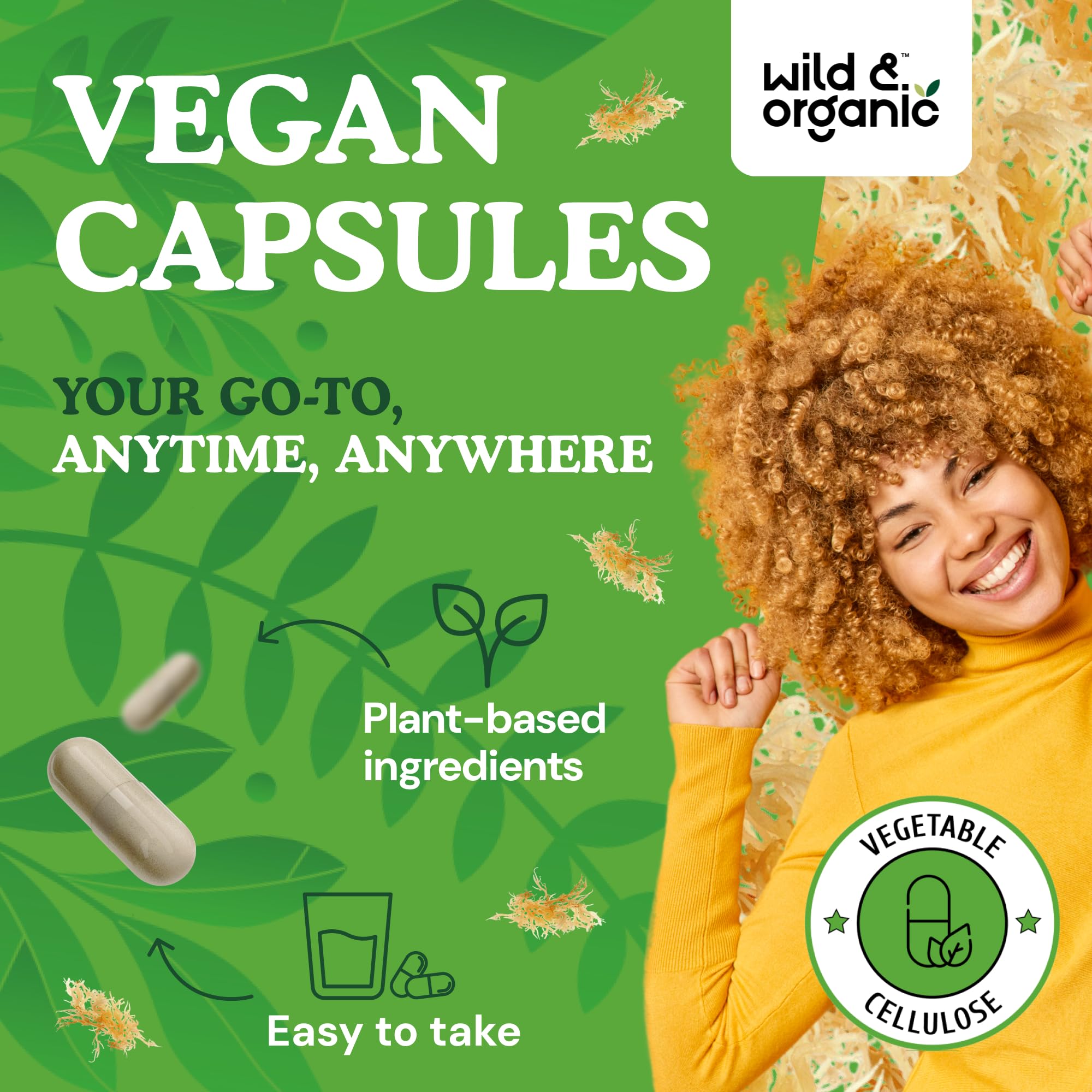 Wild & Organic Sea Moss Capsules pouring into hand for easy intake.