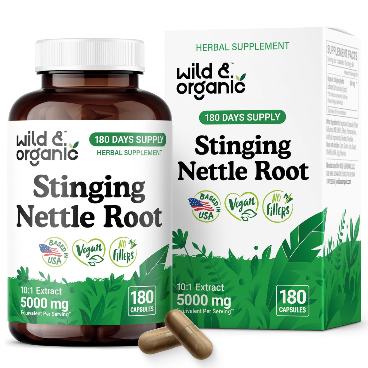 Wild & Organic nettle root bottle showing a 180-day daily urinary support supply.