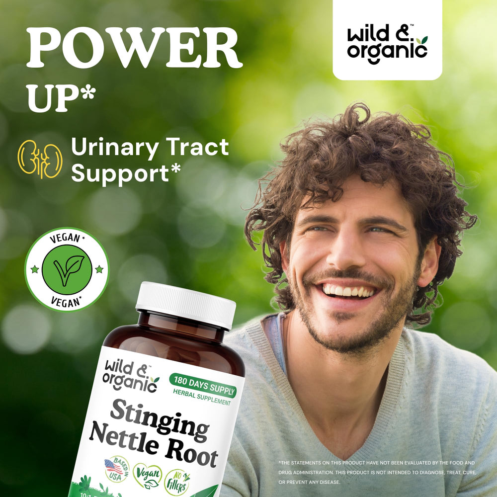 Closeup of Wild & Organic nettle root capsules highlighting vegan formula.
