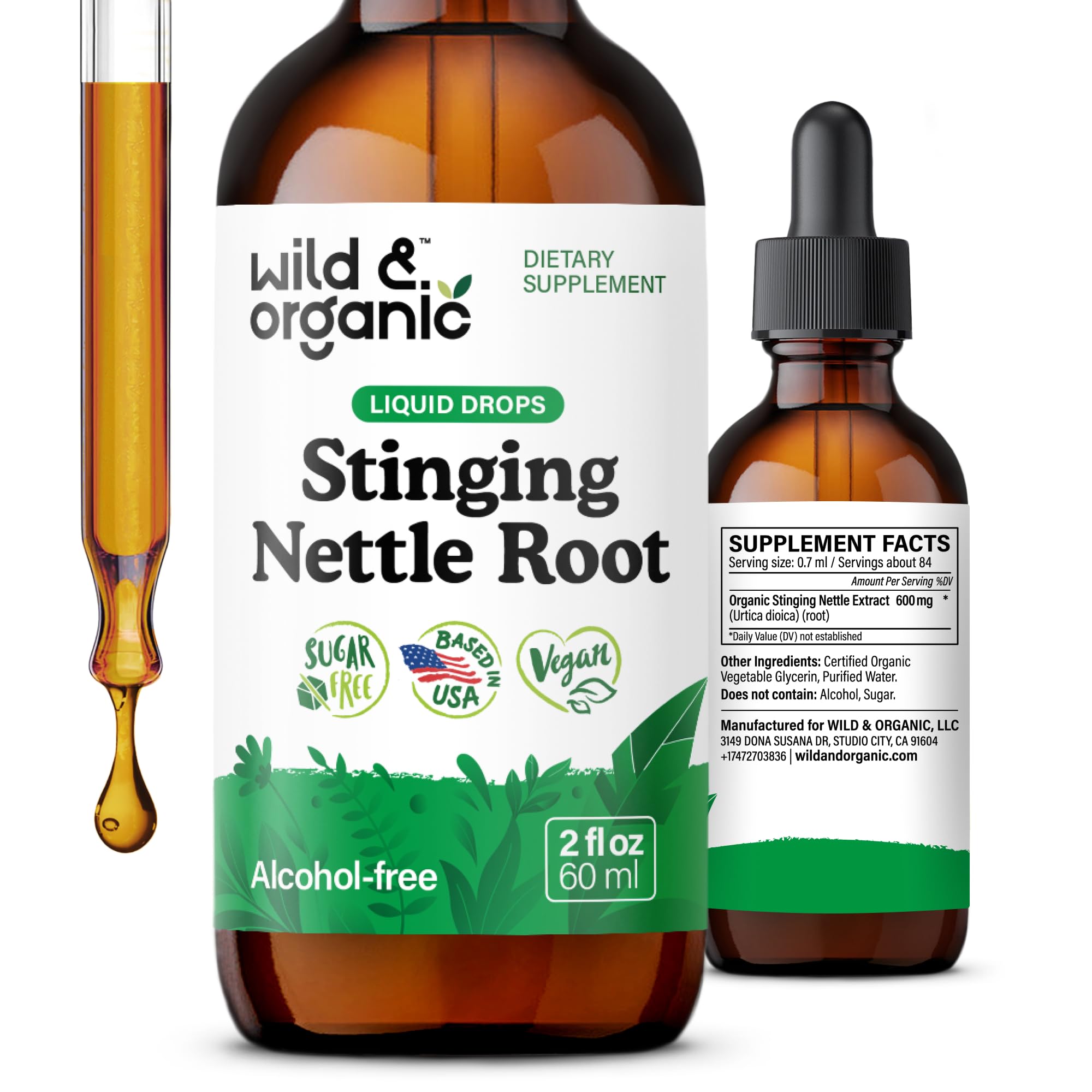 Wild and Organic Stinging Nettle Root Drops bottle with label, vegan formula.