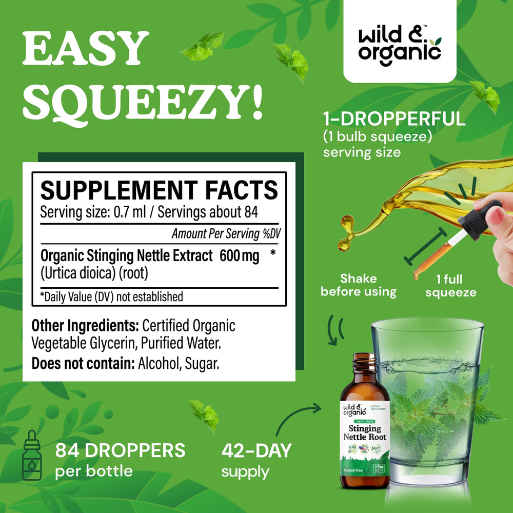 Dropper image of Wild and Organic nettle drops for precise daily dosing.