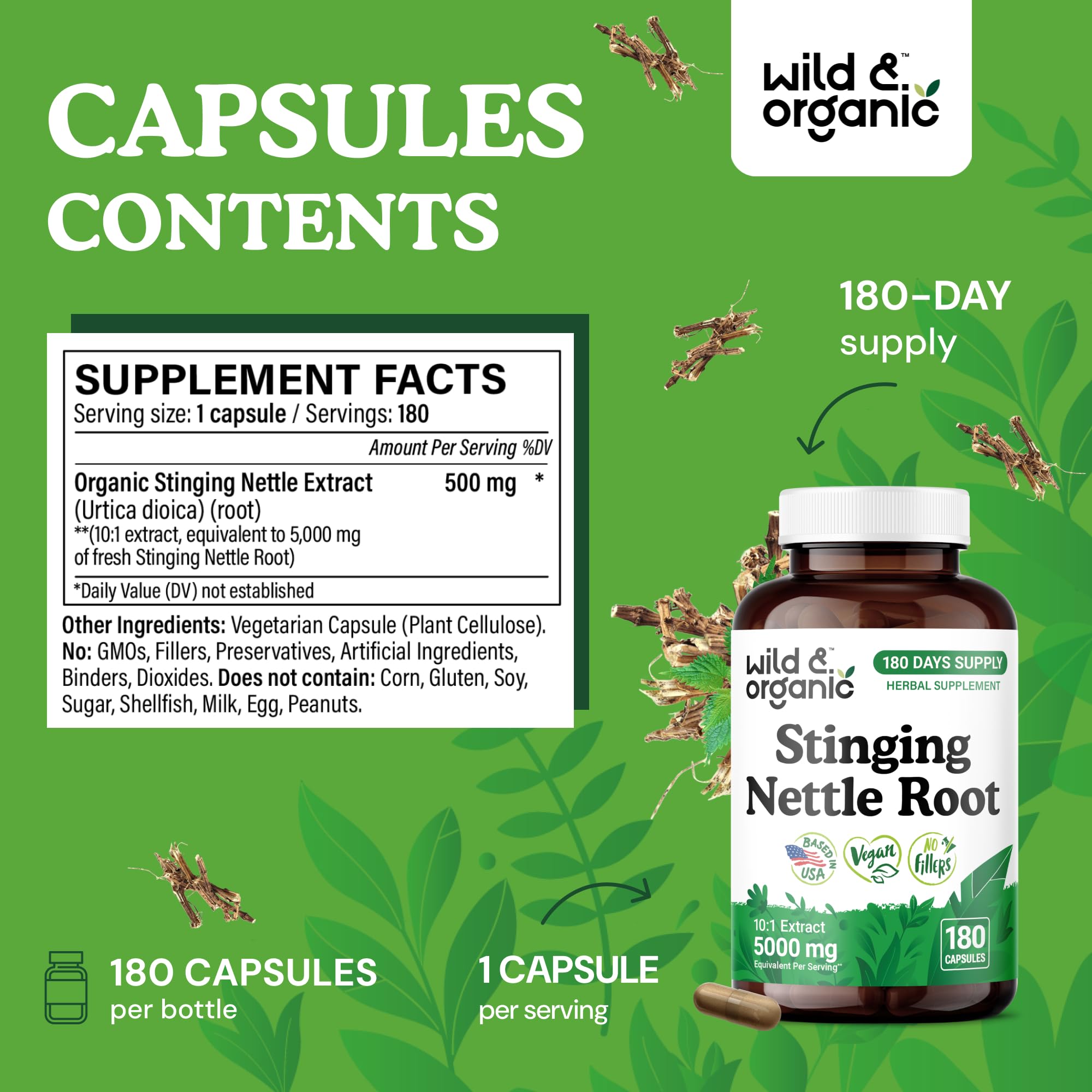 Wild & Organic nettle root label design emphasizing non-GMO and gluten-free features.