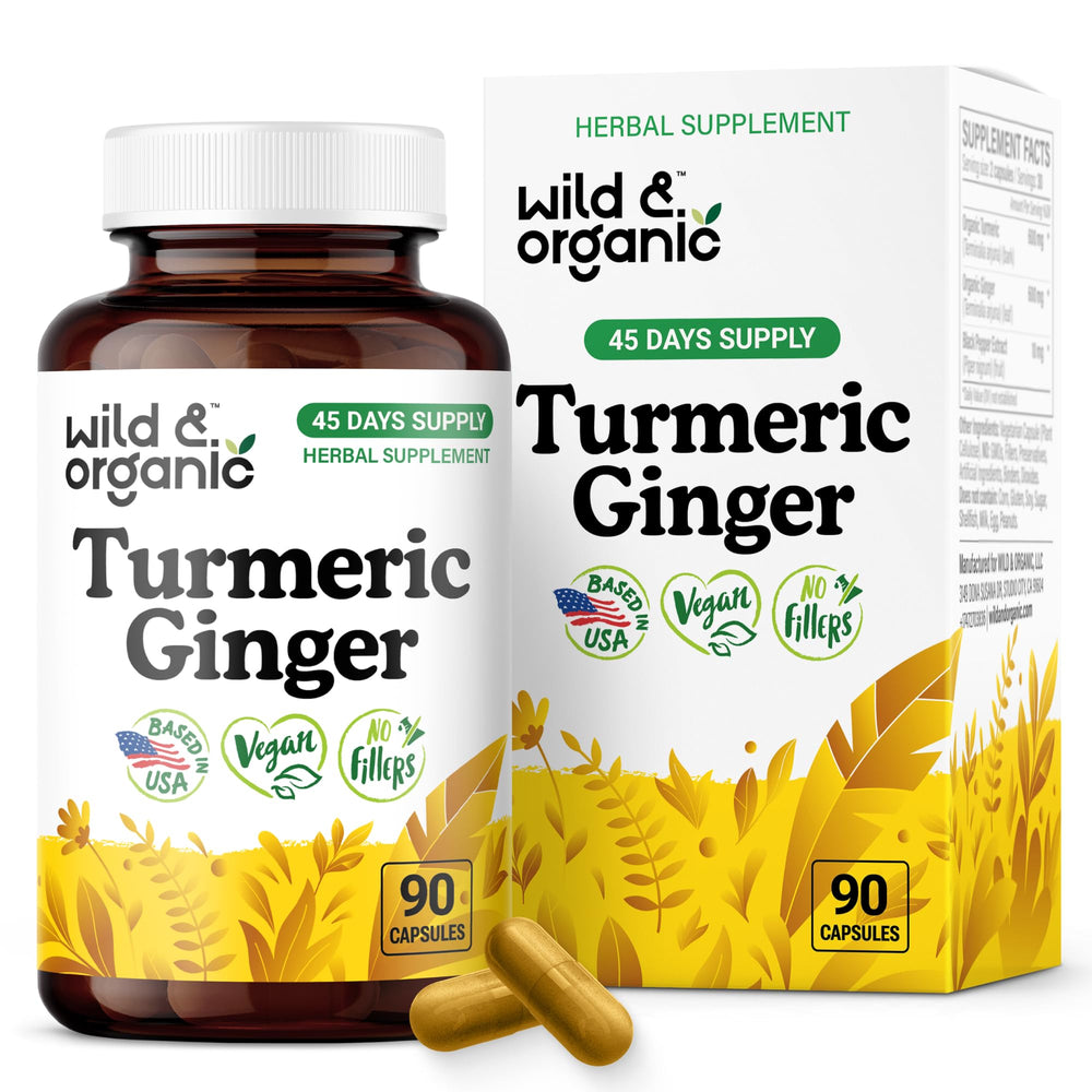 Wild & Organic turmeric ginger bottle front showing 90 capsules for daily use