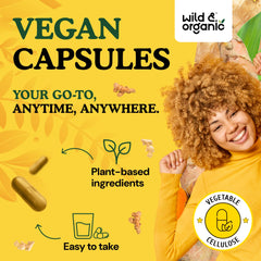 Wild & Organic ingredient panel highlights turmeric, ginger, and black pepper