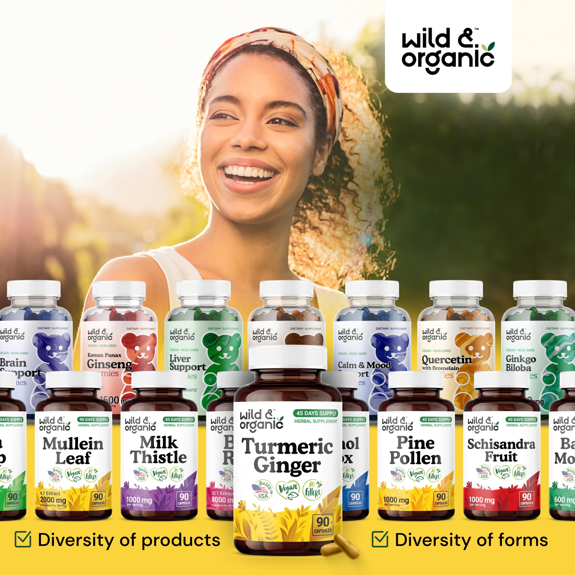Wild & Organic packaging emphasizes vegan, non-GMO formula and no fillers