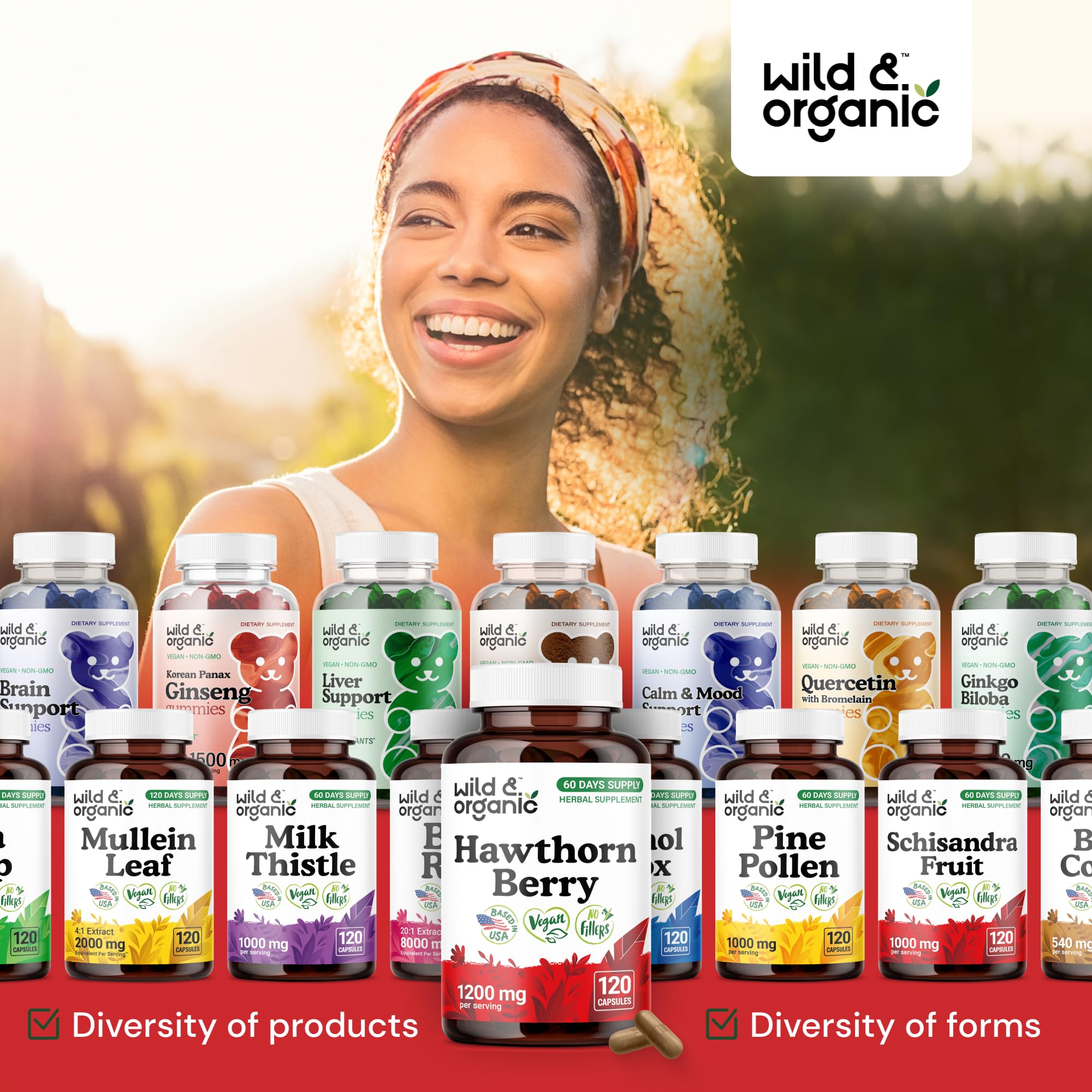 Wild & Organic Vegetable cellulose coating capsule highlights eco-friendly design.