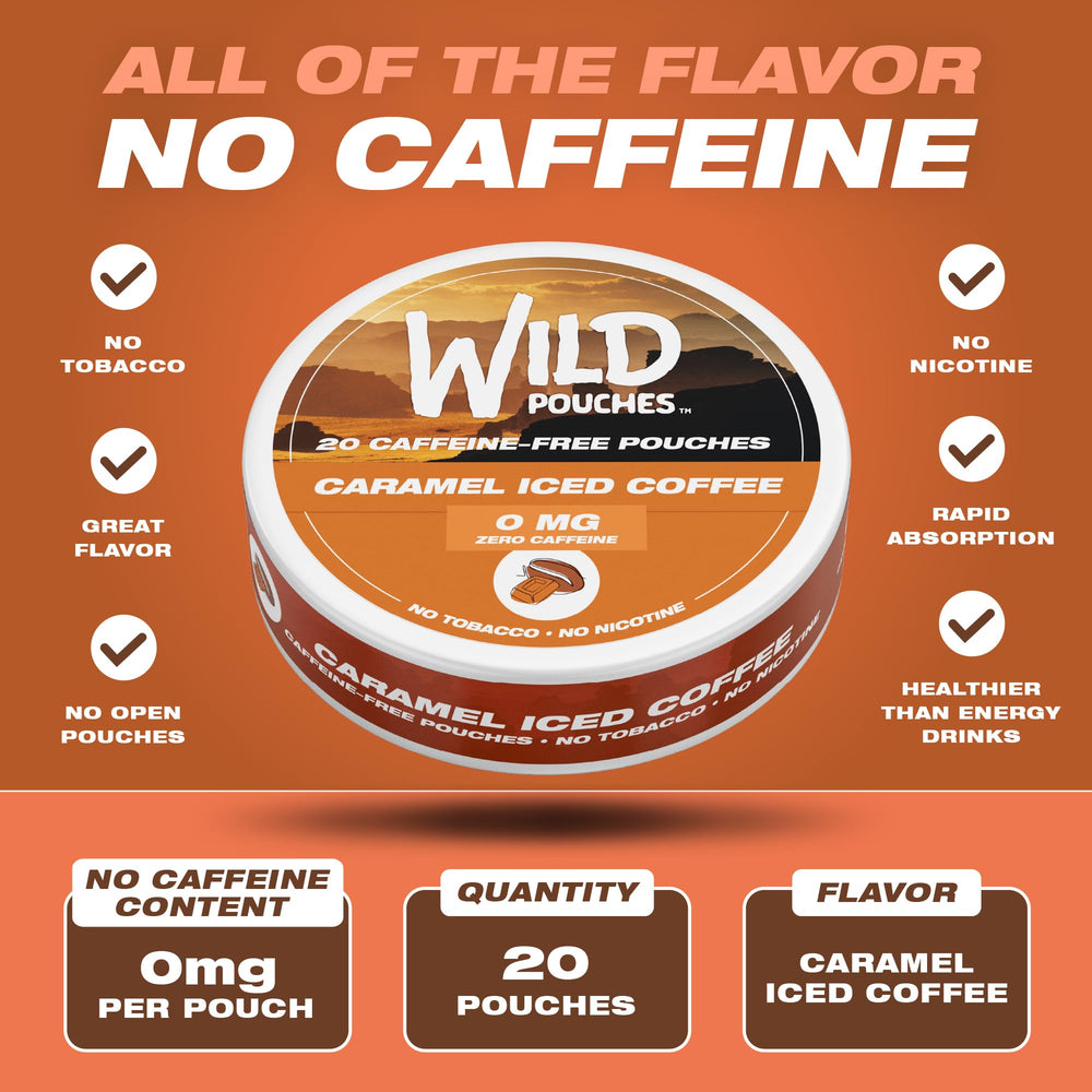 Wild Pouches caramel coffee 0mg can back with caffeine-free promise
