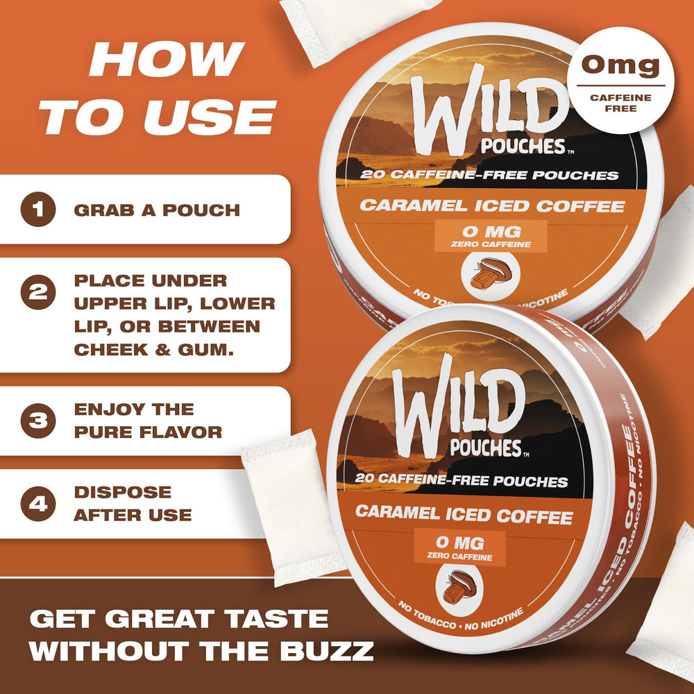 Wild Pouches caramel coffee 0mg can on desk for a caffeine-free routine