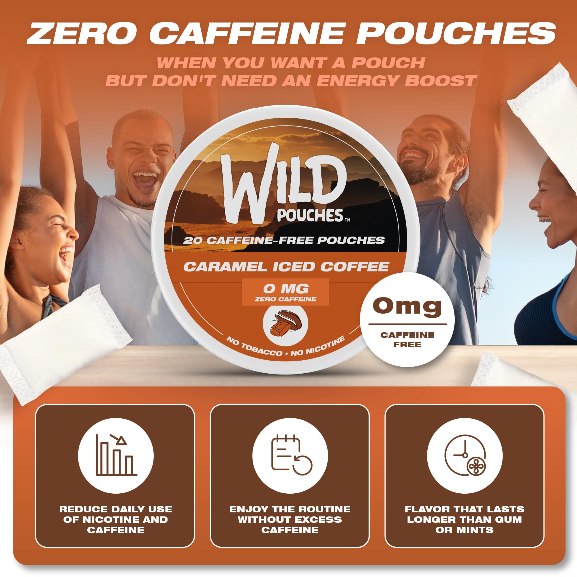 Wild Pouches caramel coffee 0mg packaging display USA designed quality