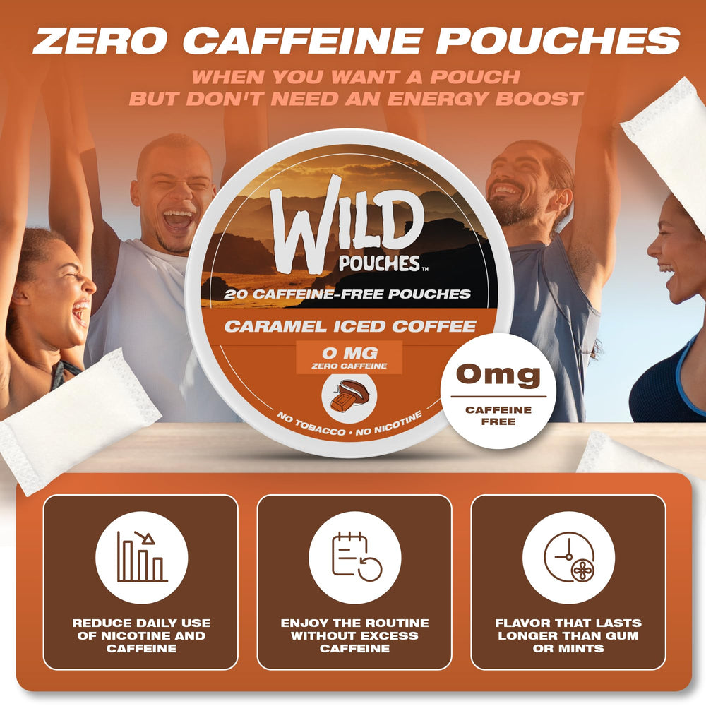 Wild Pouches caramel coffee 0mg packaging display USA designed quality