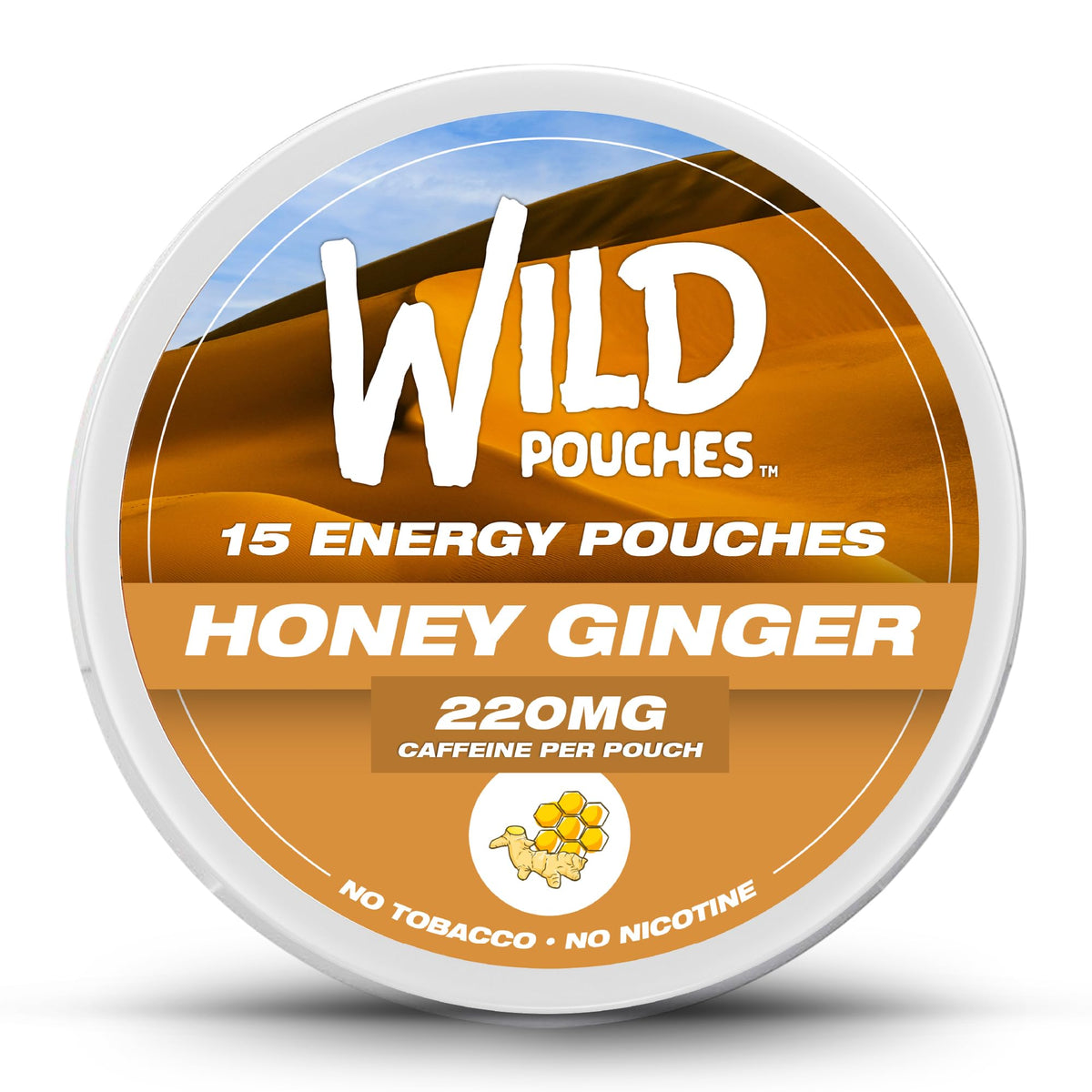 Wild Pouches Honey Ginger caffeine can with 15 pouches for on-the-go energy.