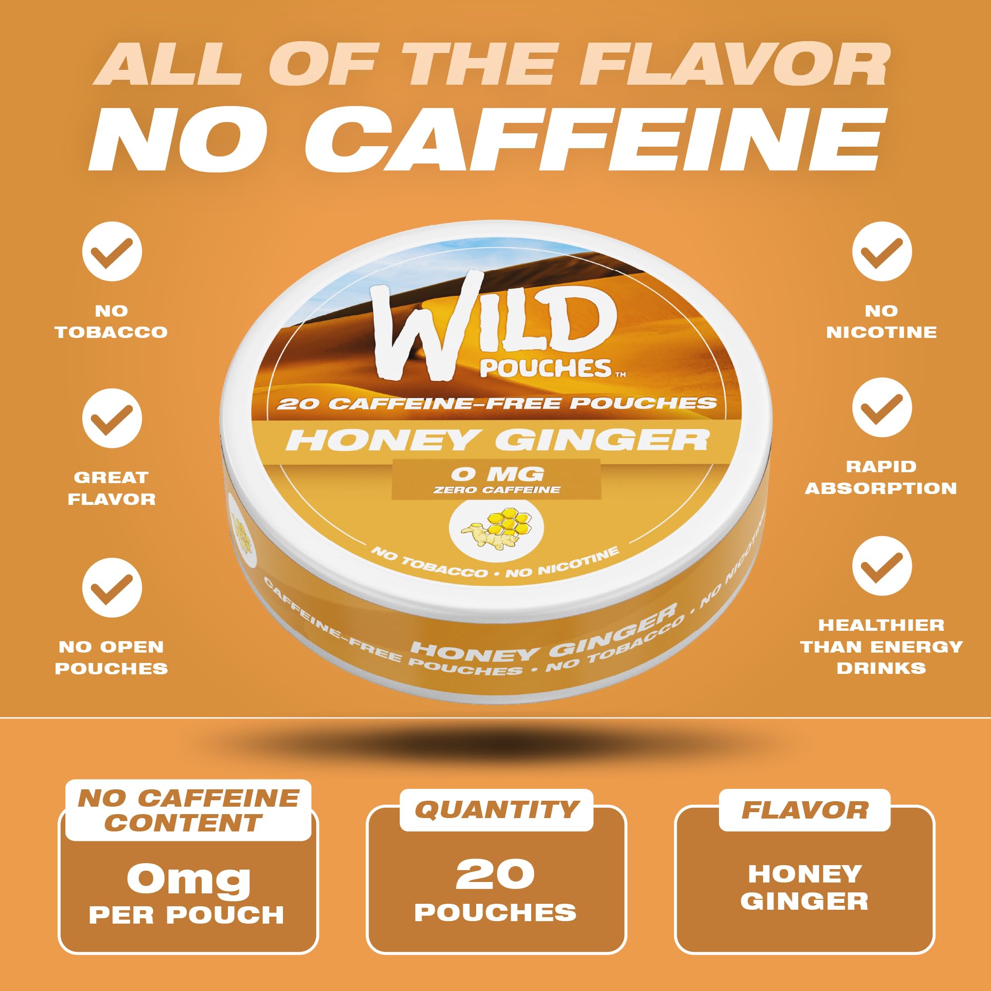 Wild Pouches Honey Ginger caffeine-free tin showcases long-lasting flavor without caffeine