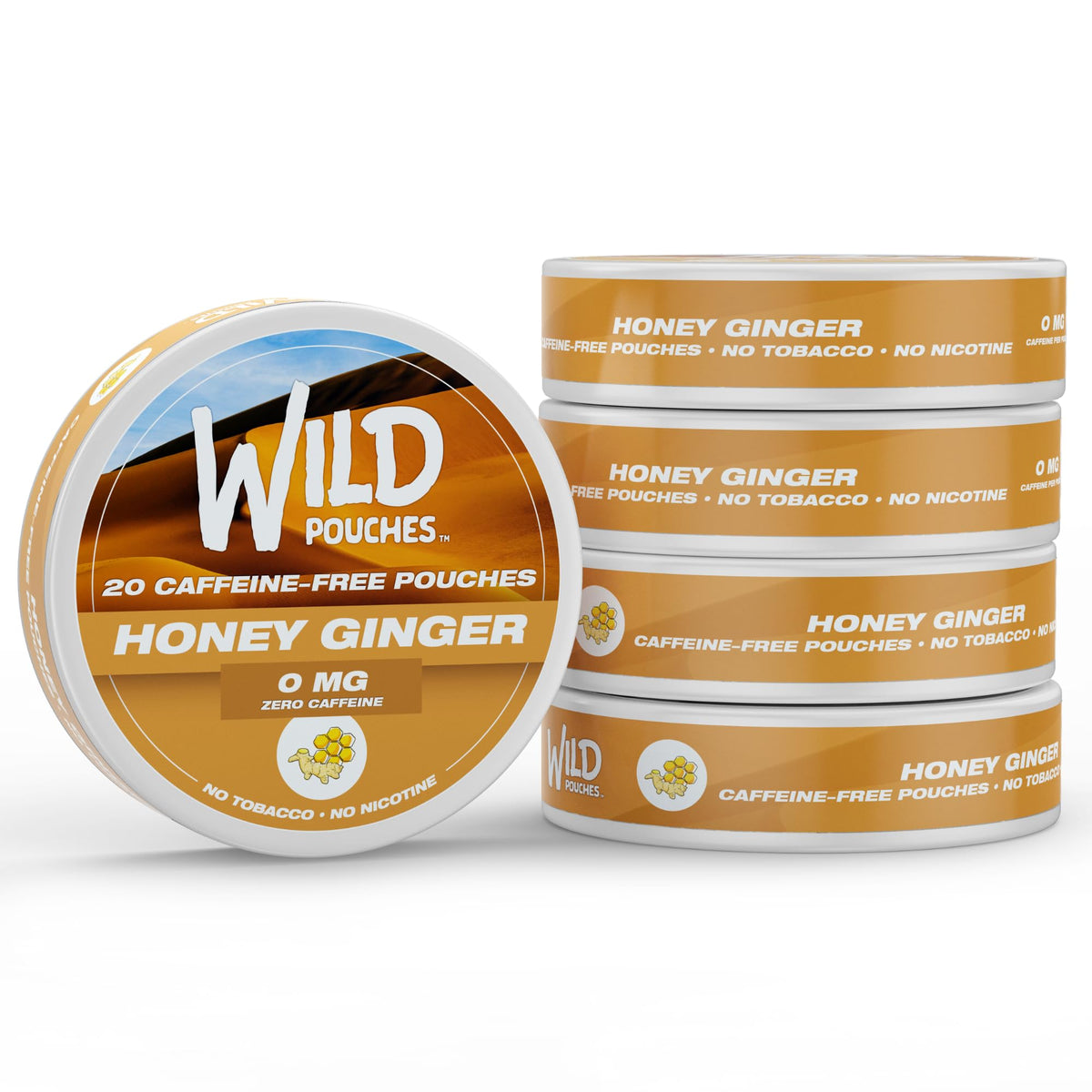 Wild Pouches Honey Ginger no nicotine image highlights a caffeine-free flavor option for cravings
