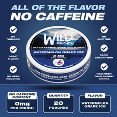 Wild Pouches iced watermelon grape 0mg pack back highlights nicotine-free option.
