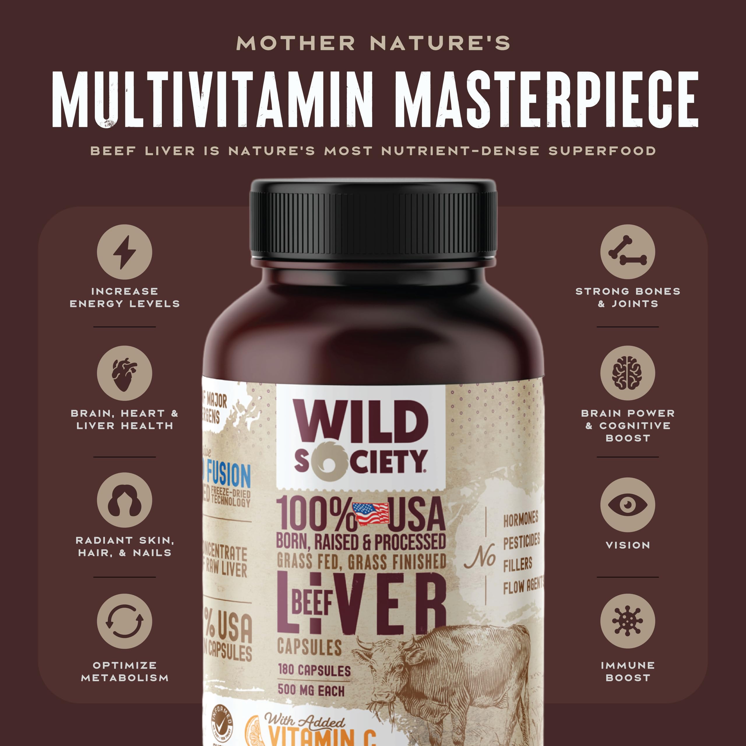 Wild Society beef liver capsules bottle pour: on-the-go stamina aid