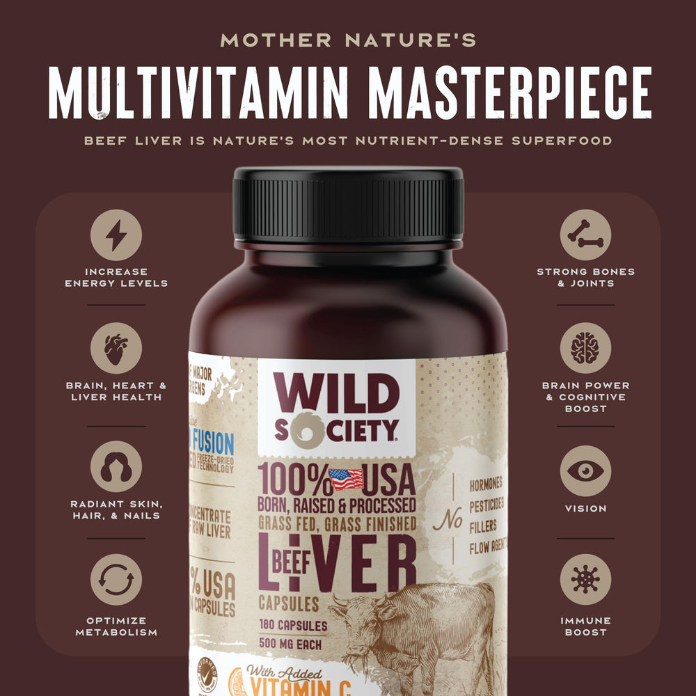 Wild Society beef liver capsules bottle pour: on-the-go stamina aid