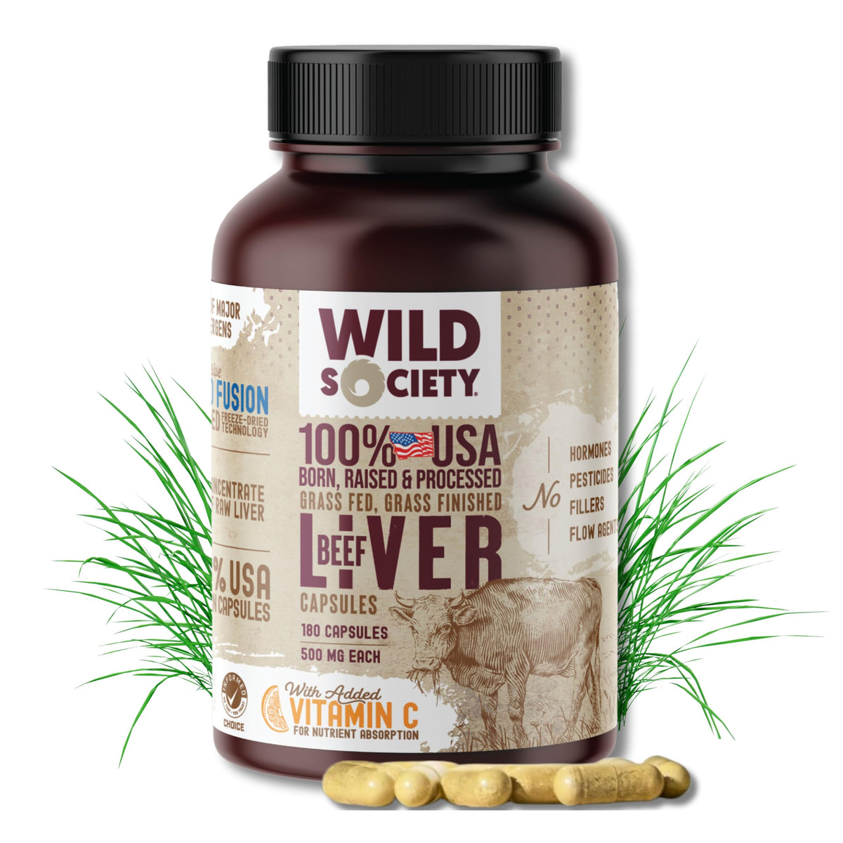 Wild Society beef liver capsules bottle: convenient energy support