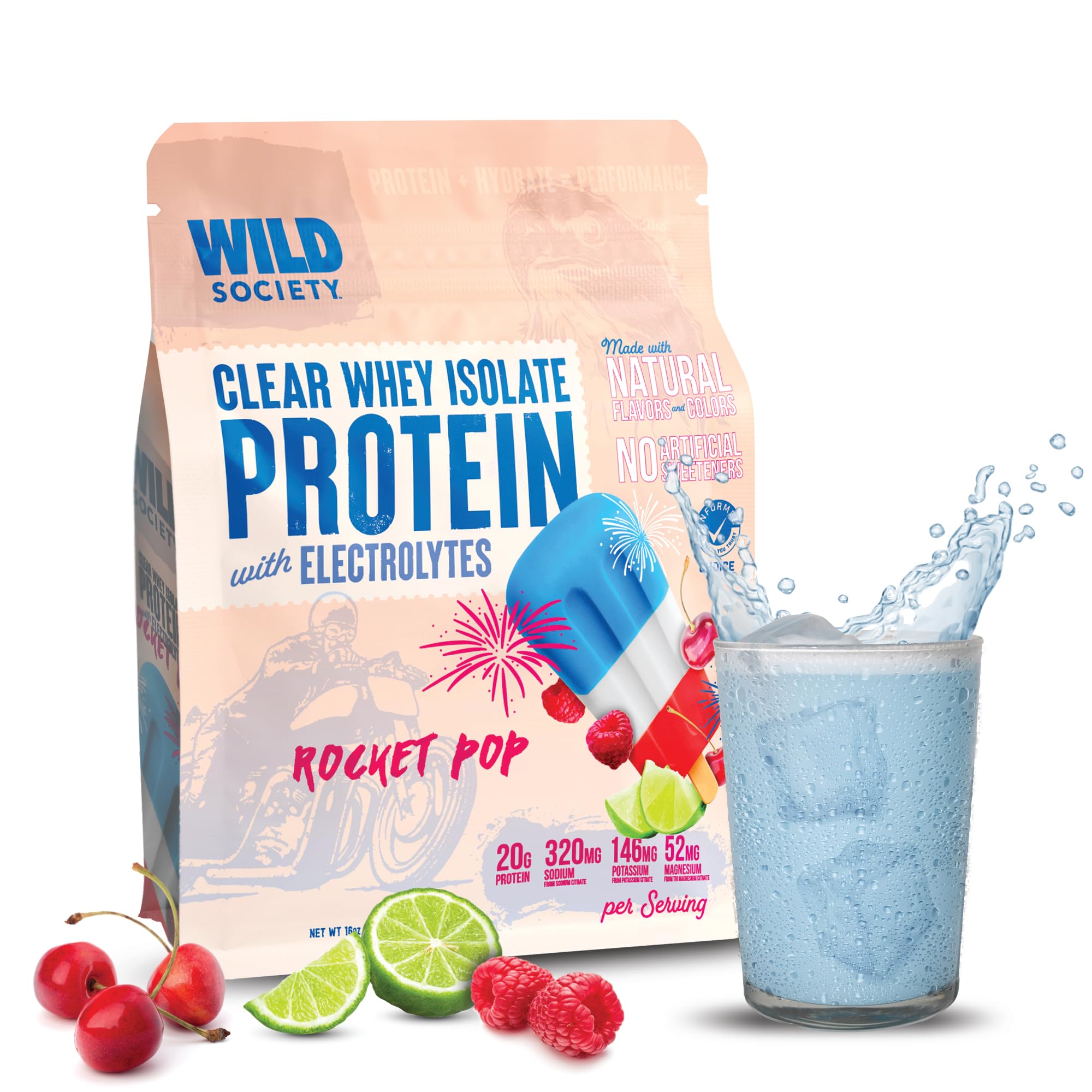 Wild Society Clear Whey bottle label showing transparent, refreshing protein option for post‑workout hydration.