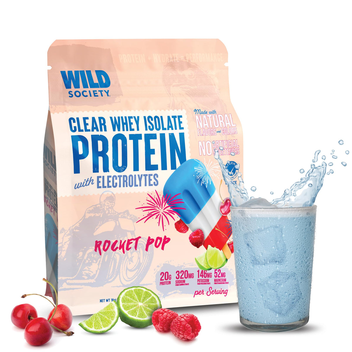 Wild Society Clear Whey bottle label showing transparent, refreshing protein option for post‑workout hydration.