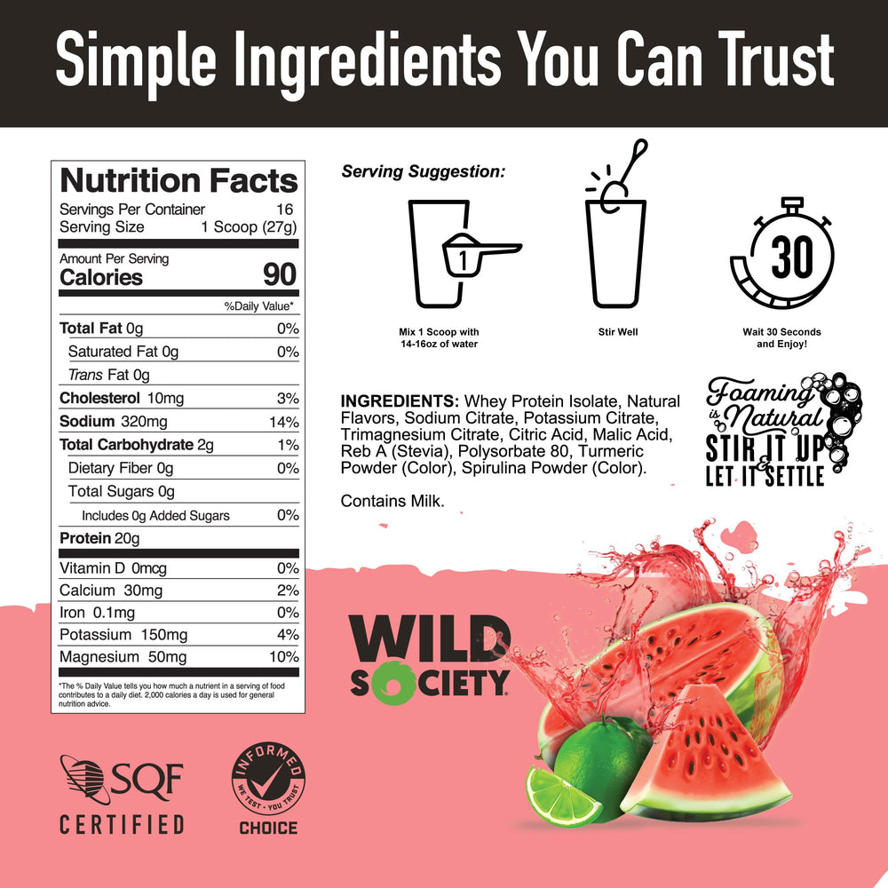 Wild Society Clear Whey bottle label close‑up highlighting clarity and ingredients.