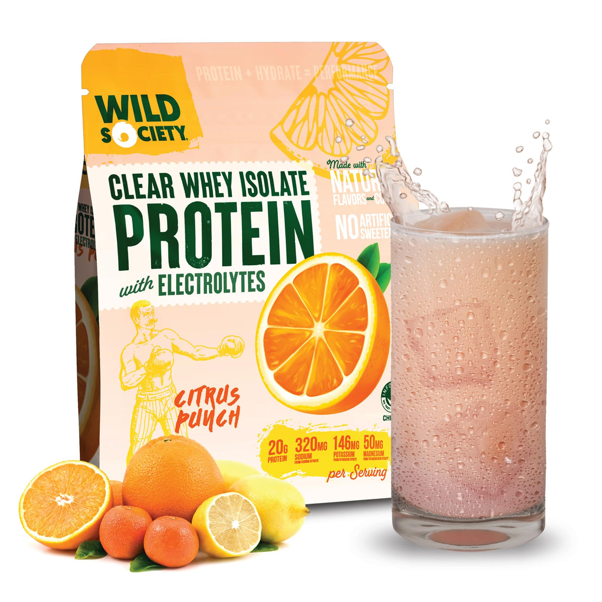 Wild Society Clear Whey Citrus Punch bottle highlights refreshing post-workout hydration