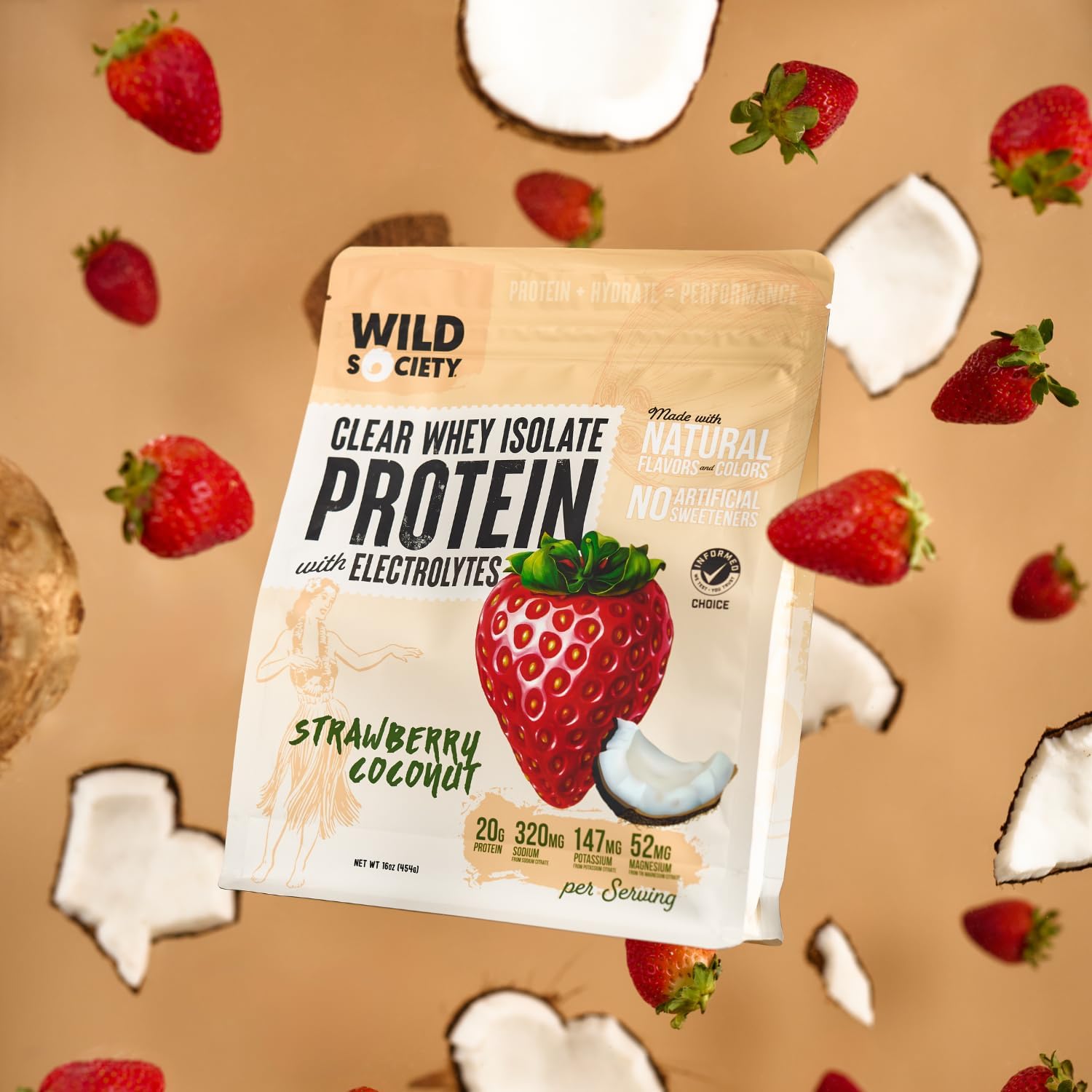 Wild Society Clear Whey electrolyte graphic supports hydration during activity.