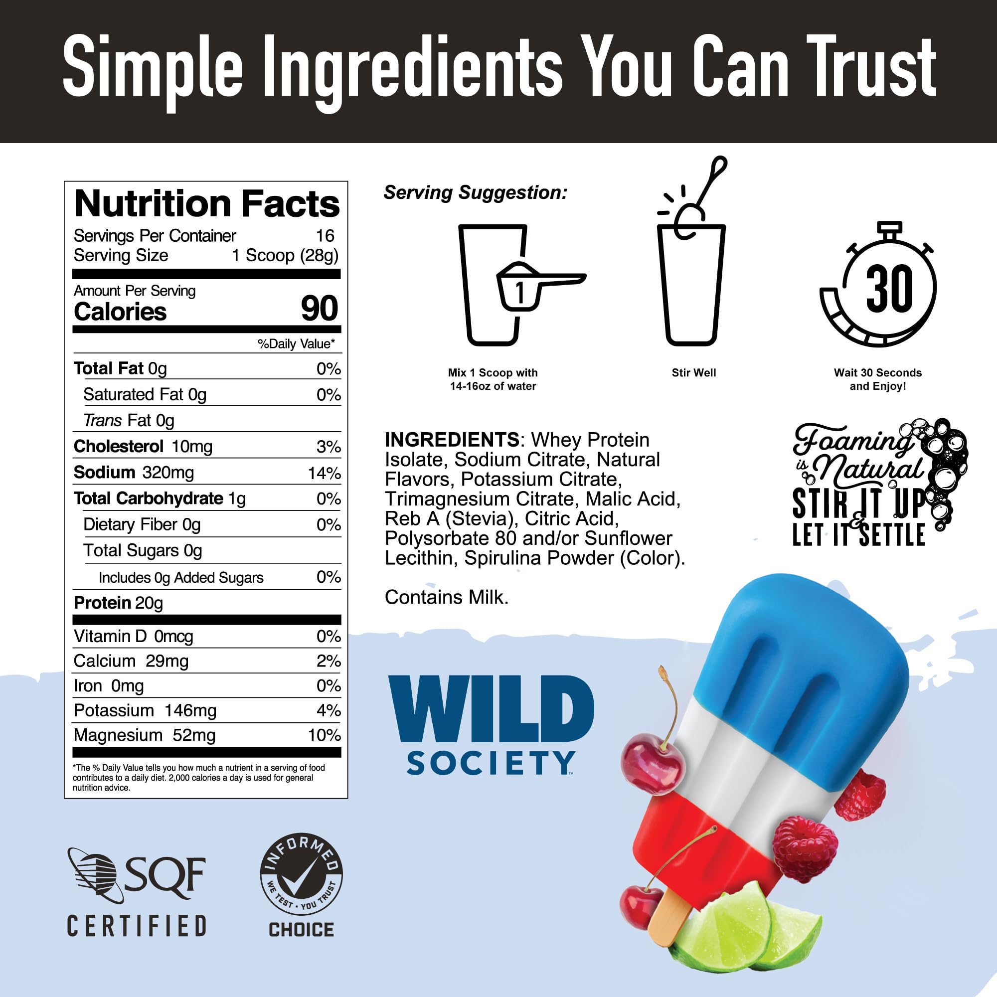 Strawberry Coconut flavor close‑up emphasizes natural flavors and colors in Wild Society Clear Whey.
