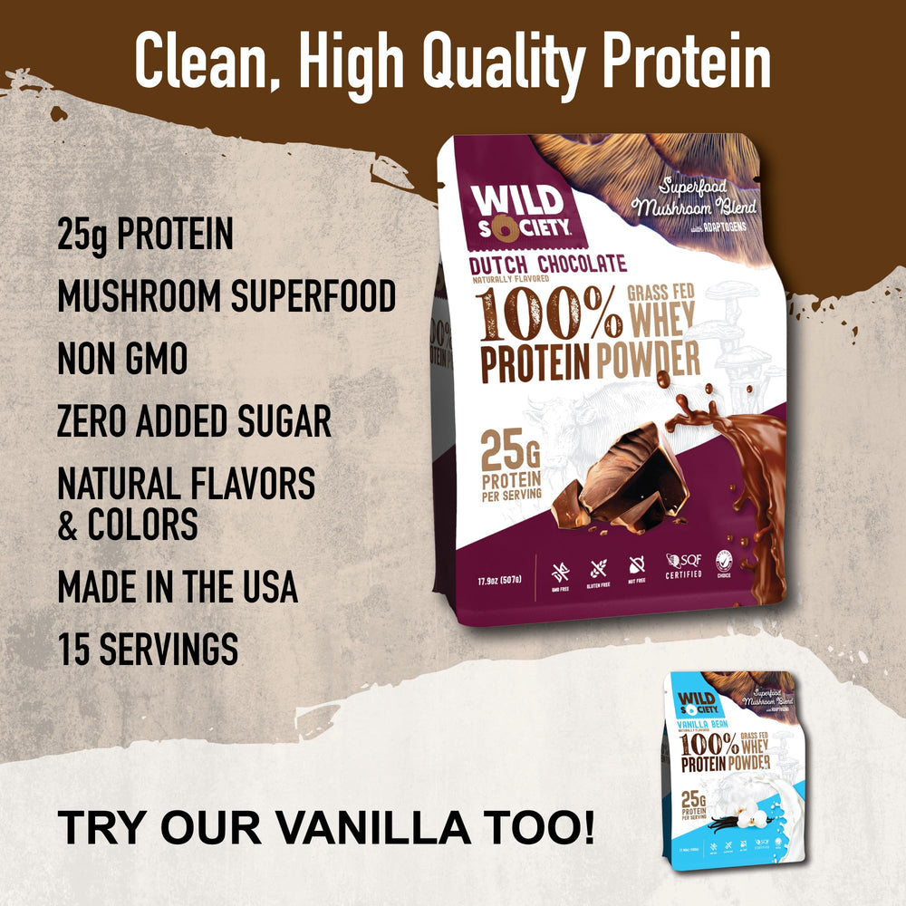 Wild Society Dutch Chocolate whey scoop dissolving for quick shakes and lasting energy