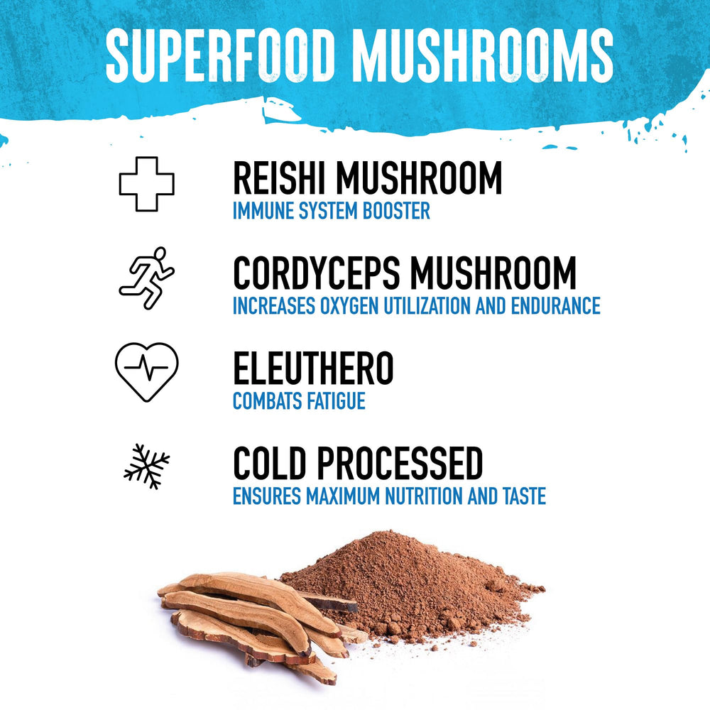 Wild Society mushroom blend label features Reishi, Cordyceps, Eleuthero for resilience.