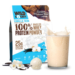 Wild Society vanilla bean whey powder tub highlights 25 g protein per serving for daily fueling.