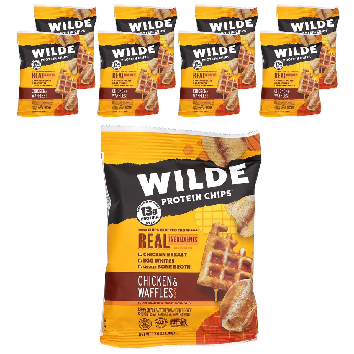 Wilde Brands Protein Chips Chicken and Waffles packaging front for on-the-go paleo snacking.