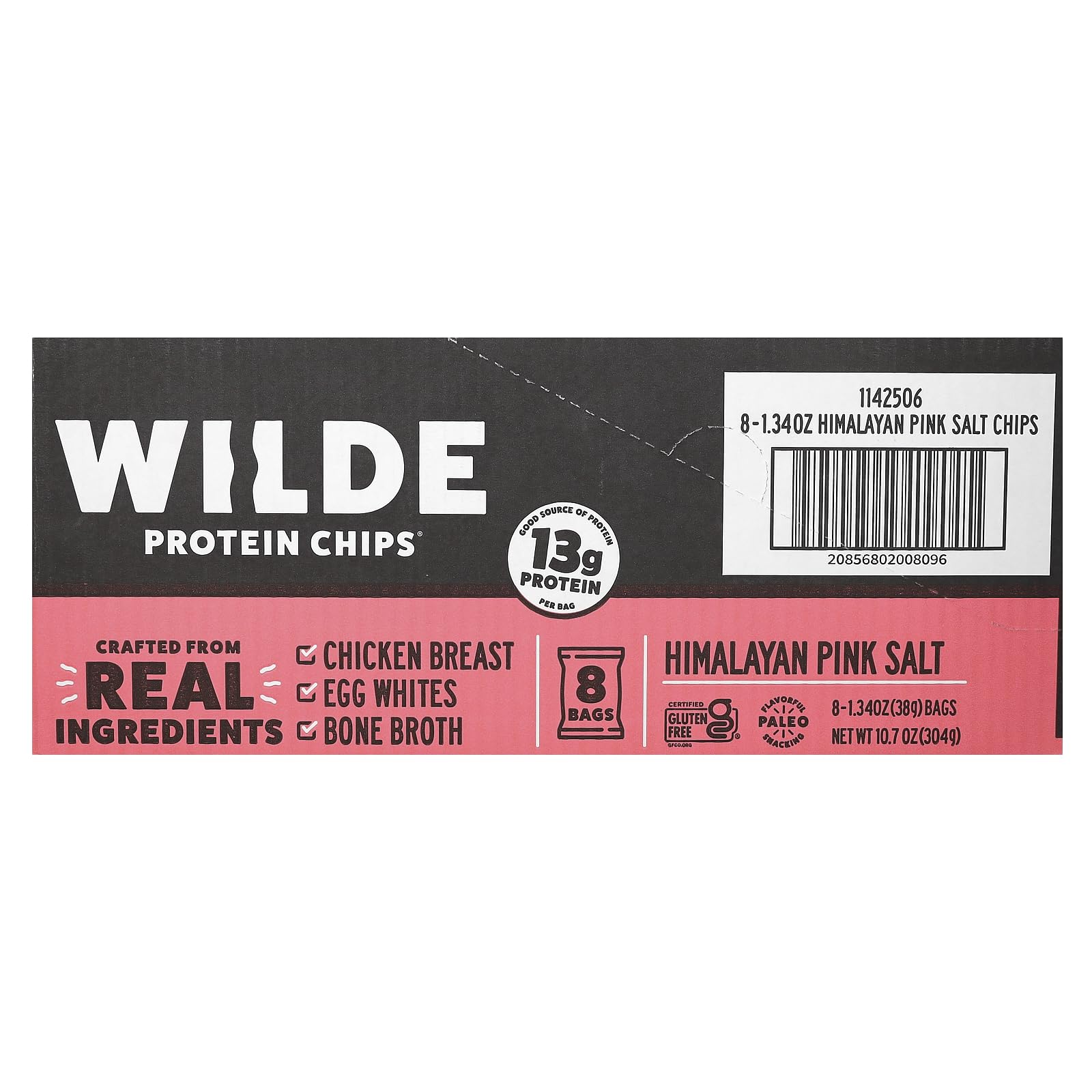 Wilde Brands Protein Chips ingredients close-up featuring antibiotic-free chicken.