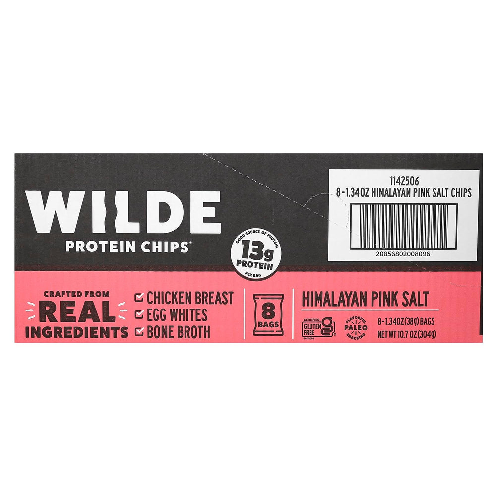 Wilde Brands Protein Chips ingredients close-up featuring antibiotic-free chicken.