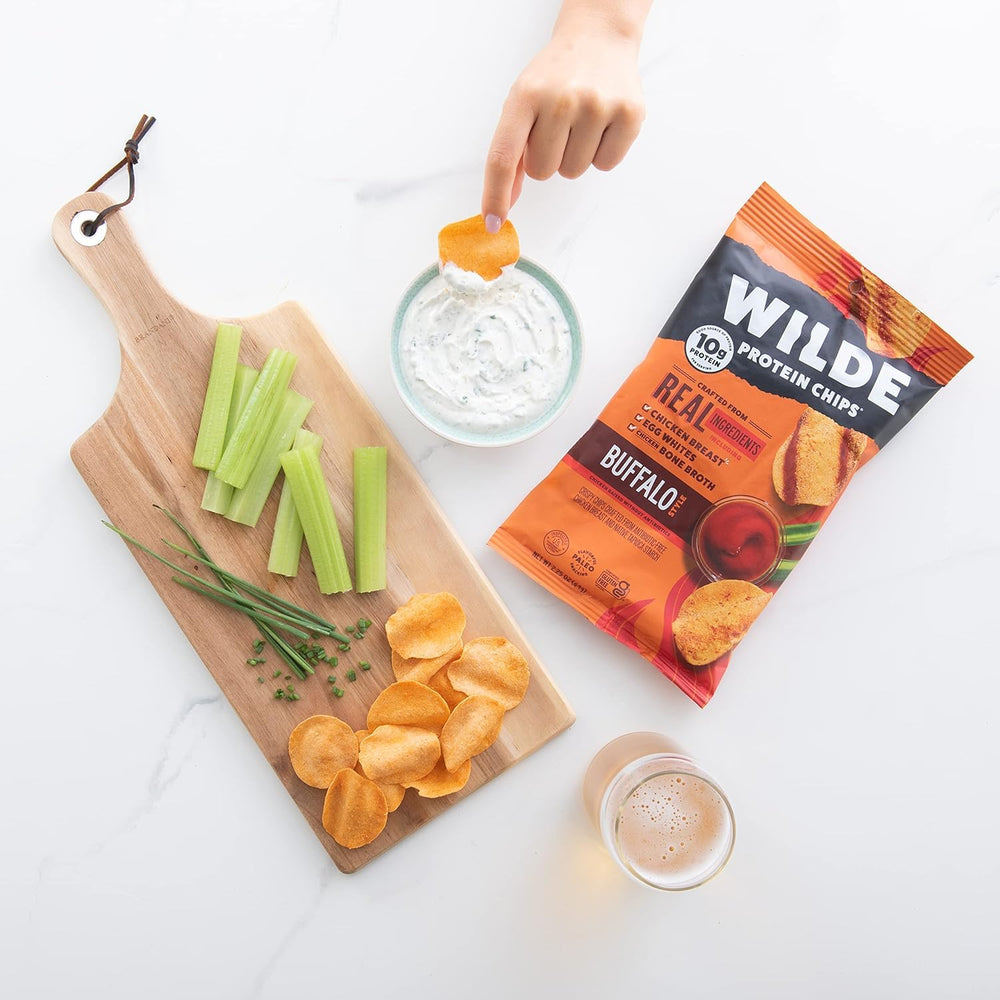 WILDE Chips Buffalo packaging display suggests a 12-pack for busy days.