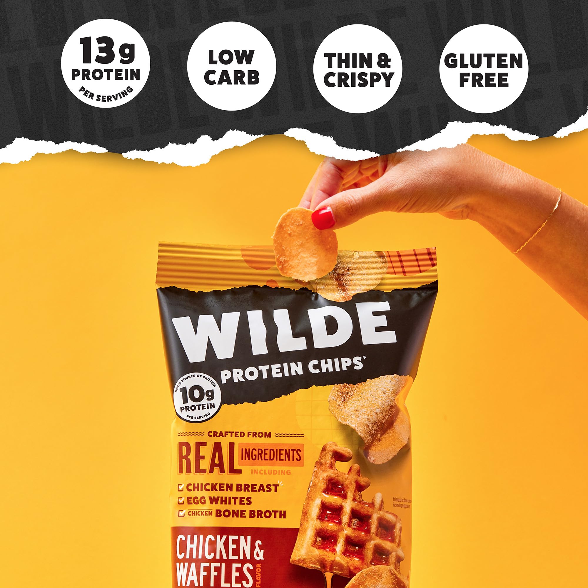 WILDE Protein Chips Korean Sweet & Spicy new flavor shot, bold taste profile.