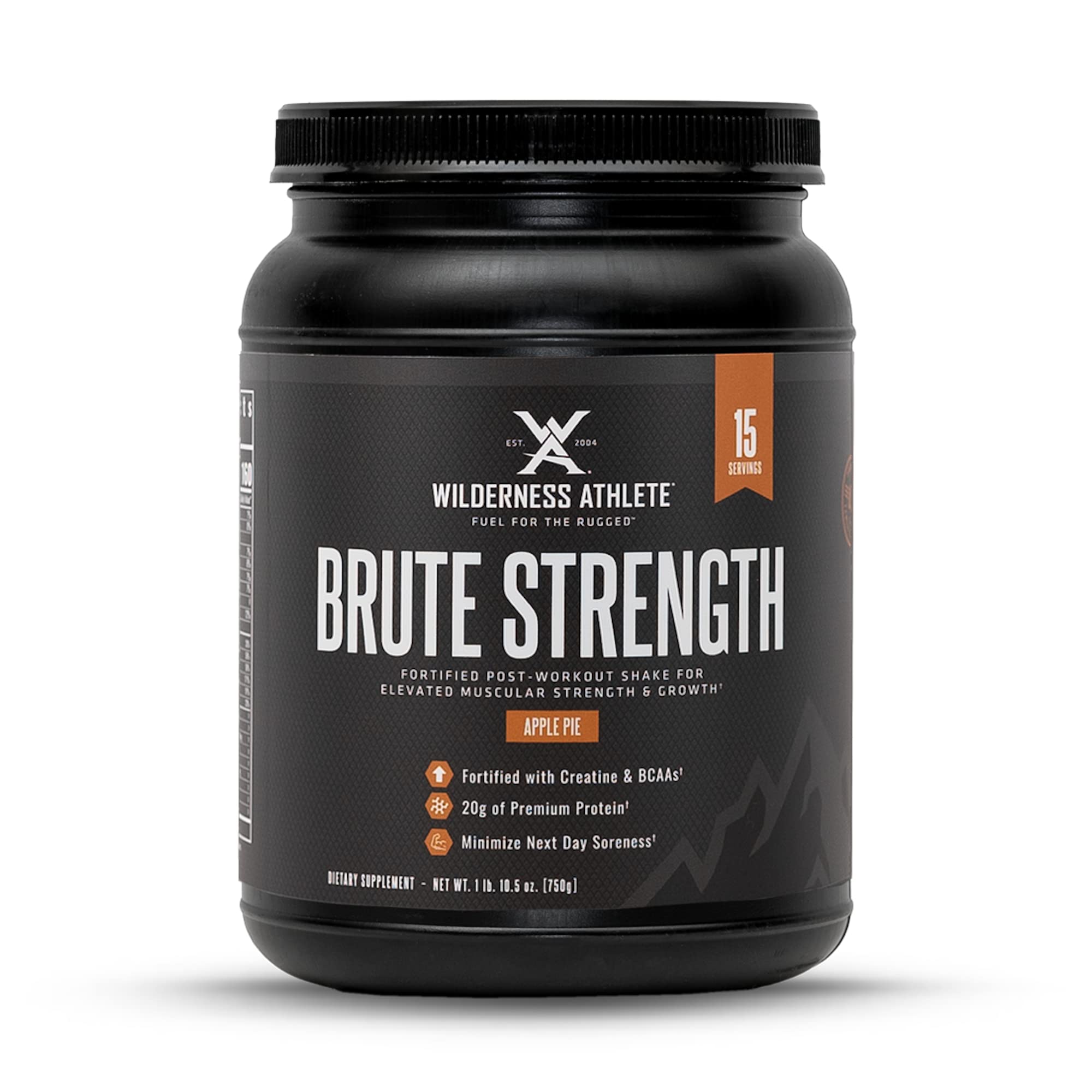 Wilderness Athlete Brute Strength bottle open showing post-workout support and Apple Pie flavor