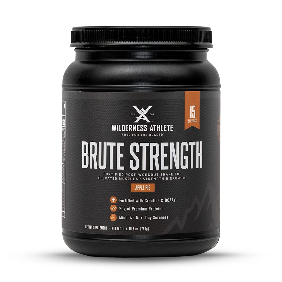 Wilderness Athlete Brute Strength bottle open showing post-workout support and Apple Pie flavor