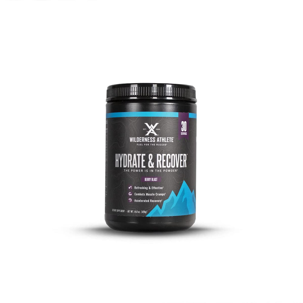 Wilderness Athlete Hydrate & Recover berry blast powder tub for steady hydration.