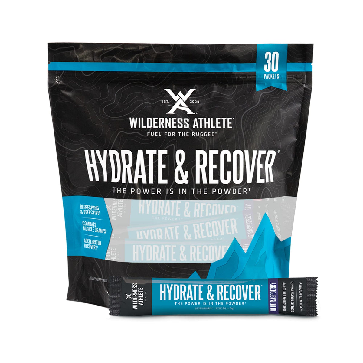 Wilderness Athlete Hydrate and Recover blue raspberry packet ready for on-the-go hydration.