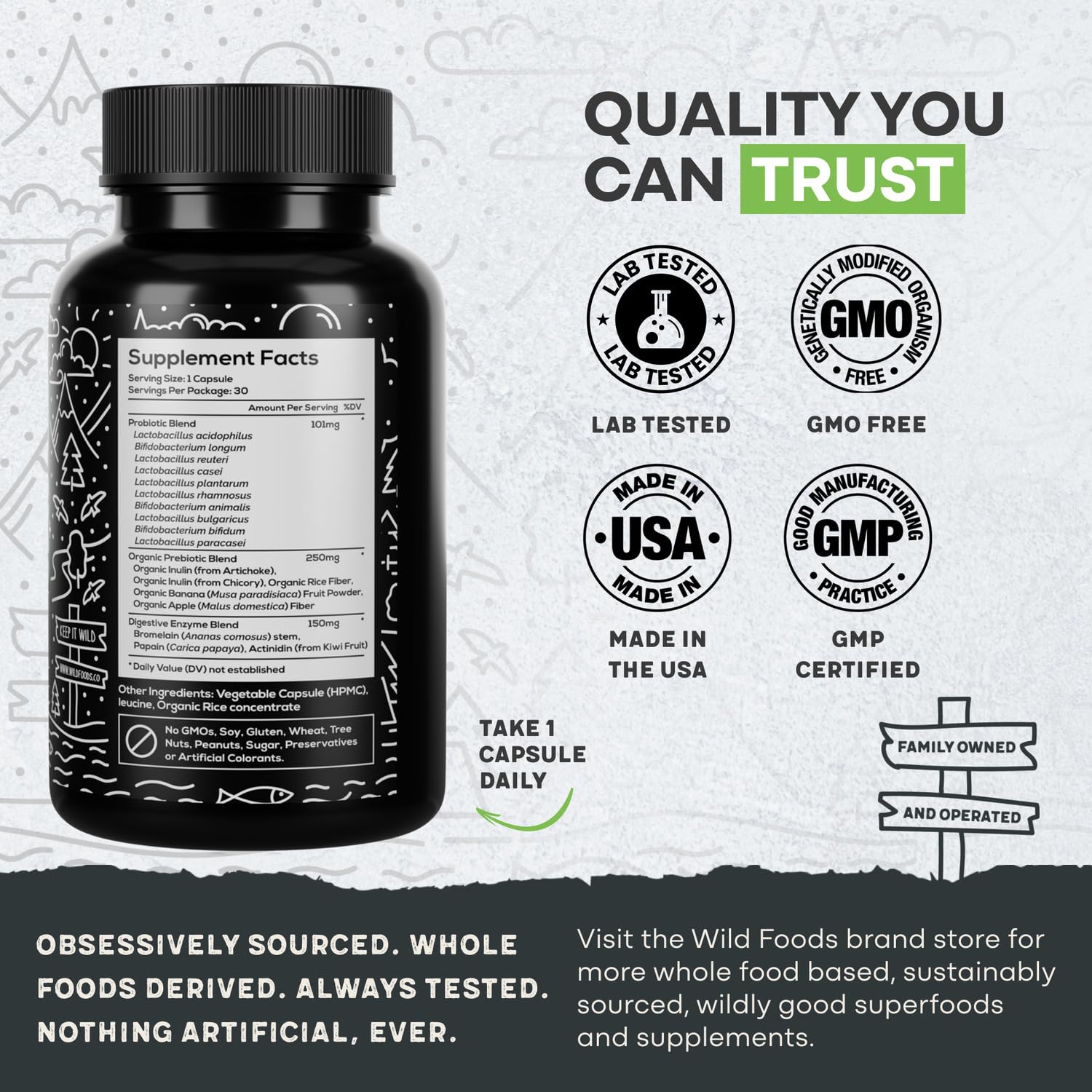 Wild Foods probiotic capsules on desk ready for daily use