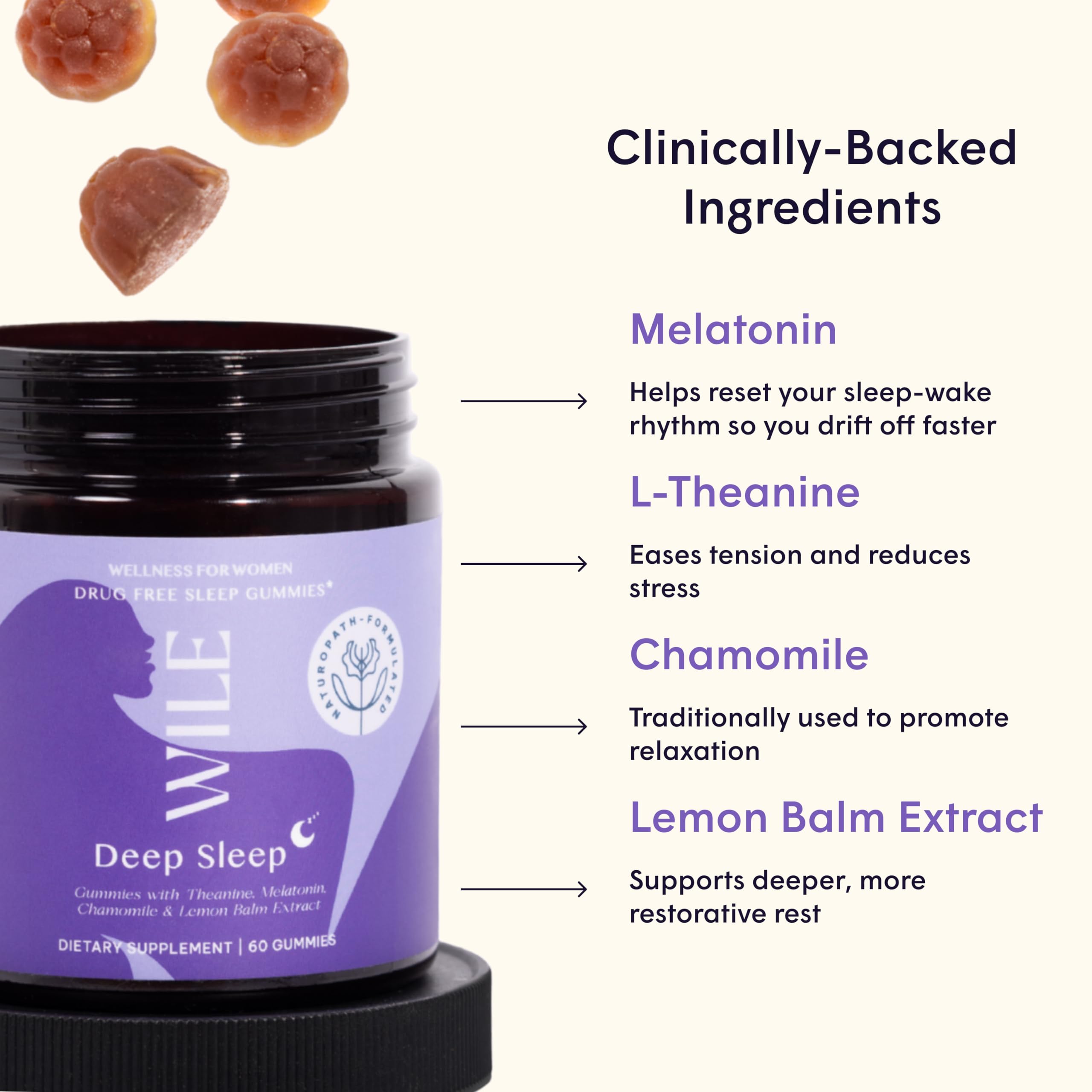 WILE Deep Sleep Gummies bottle back label shows ingredients and usage.
