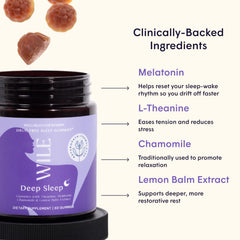 WILE Deep Sleep Gummies bottle back label shows ingredients and usage.