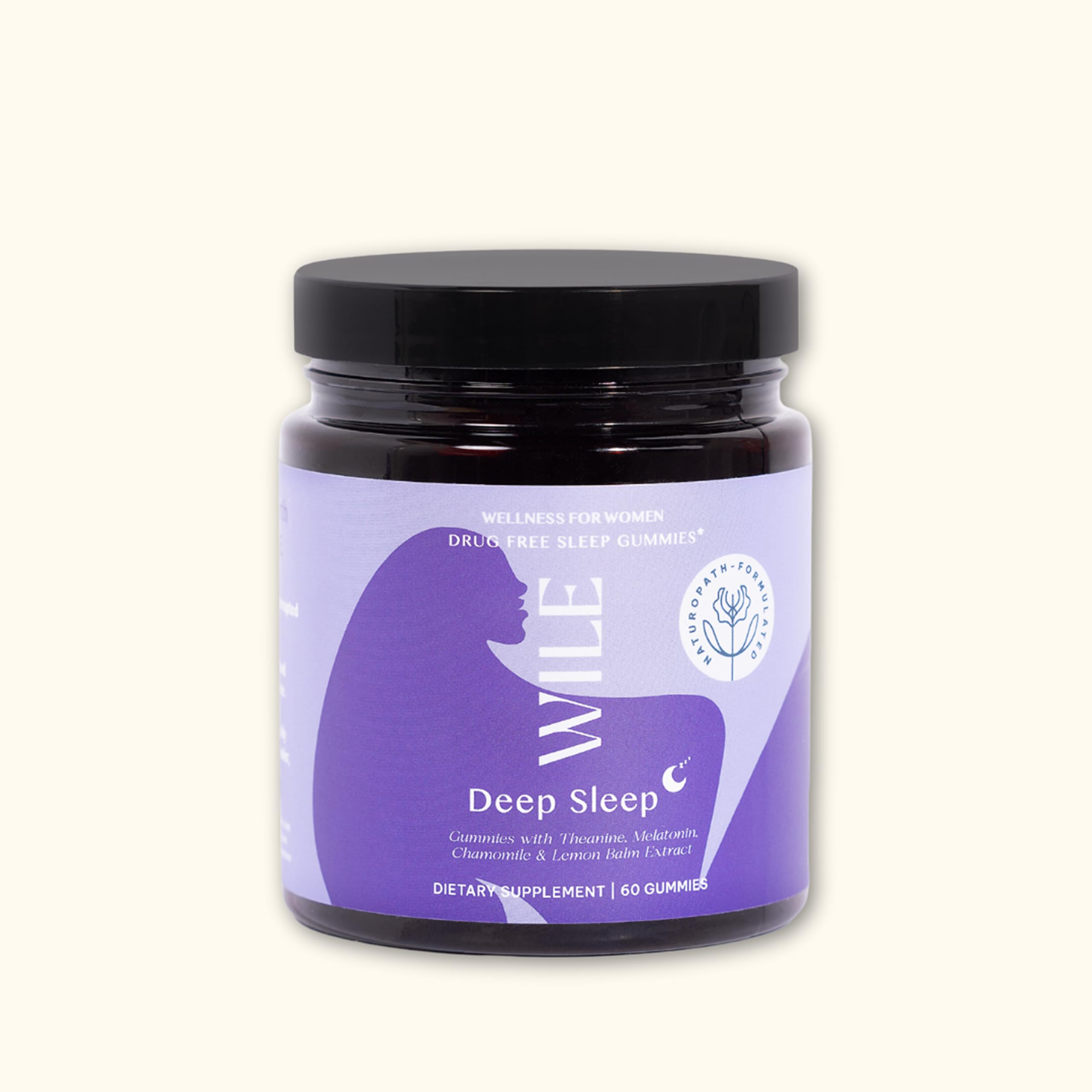 WILE Deep Sleep Gummies bottle front promoting a calm nightly routine.