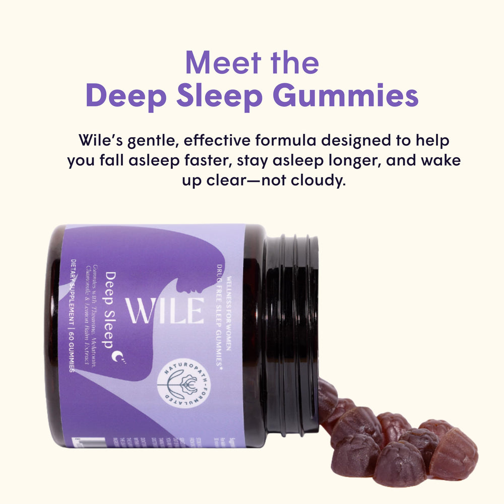WILE Deep Sleep Gummies close-up texture reveals chewy bite.