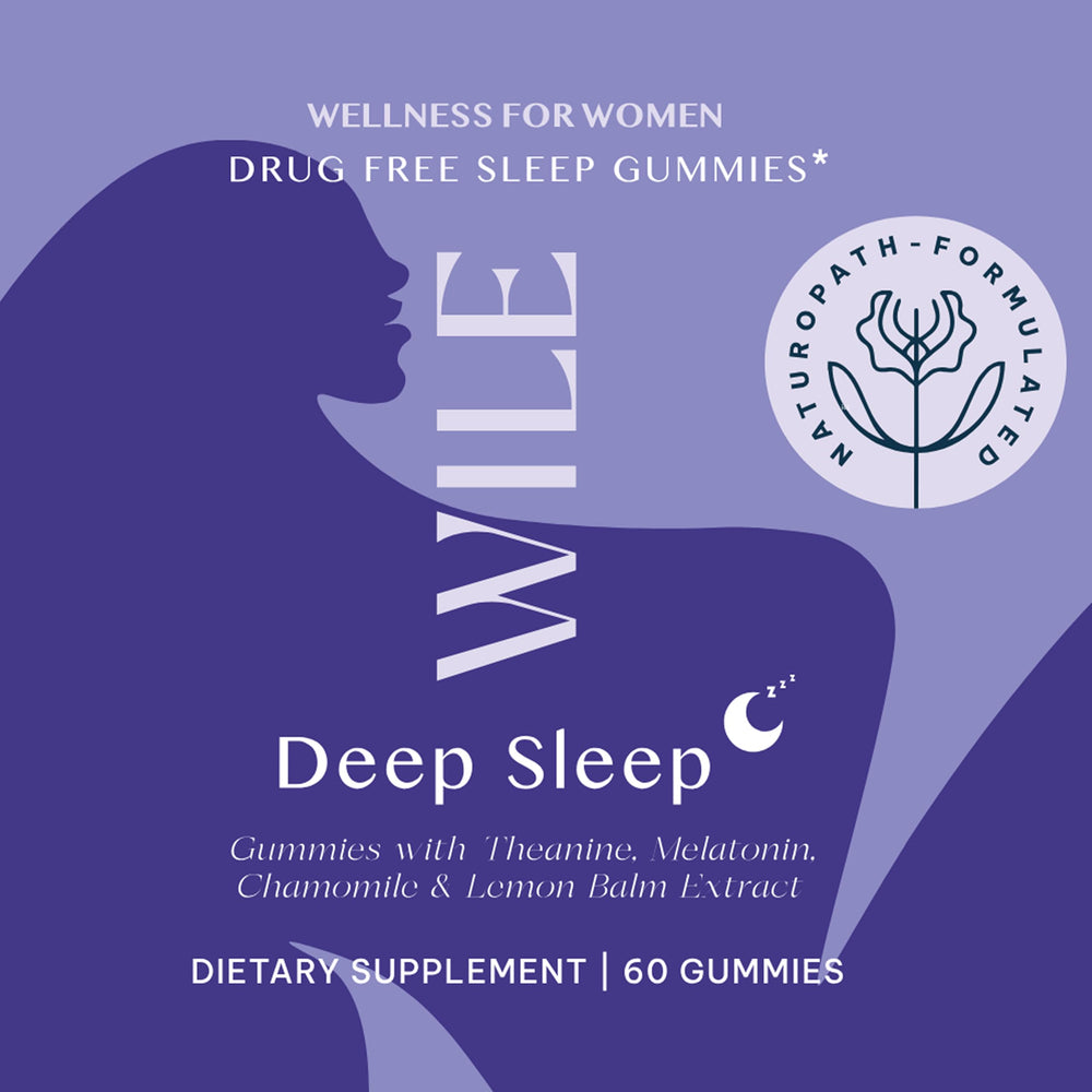 WILE Deep Sleep Gummies on nightstand ready for bedtime routine.