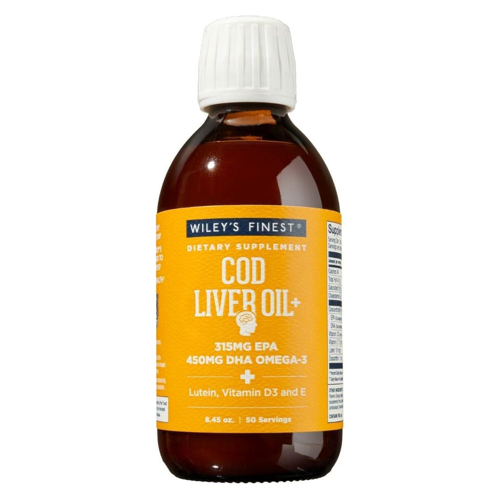 Wiley's Finest orange cod liver oil bottle for easy daily omega-3 intake